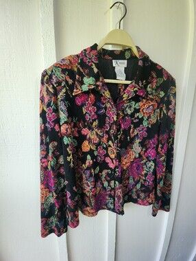 Vintage K Petite Black Floral Button-Front Women's Top Open Back Size 14P